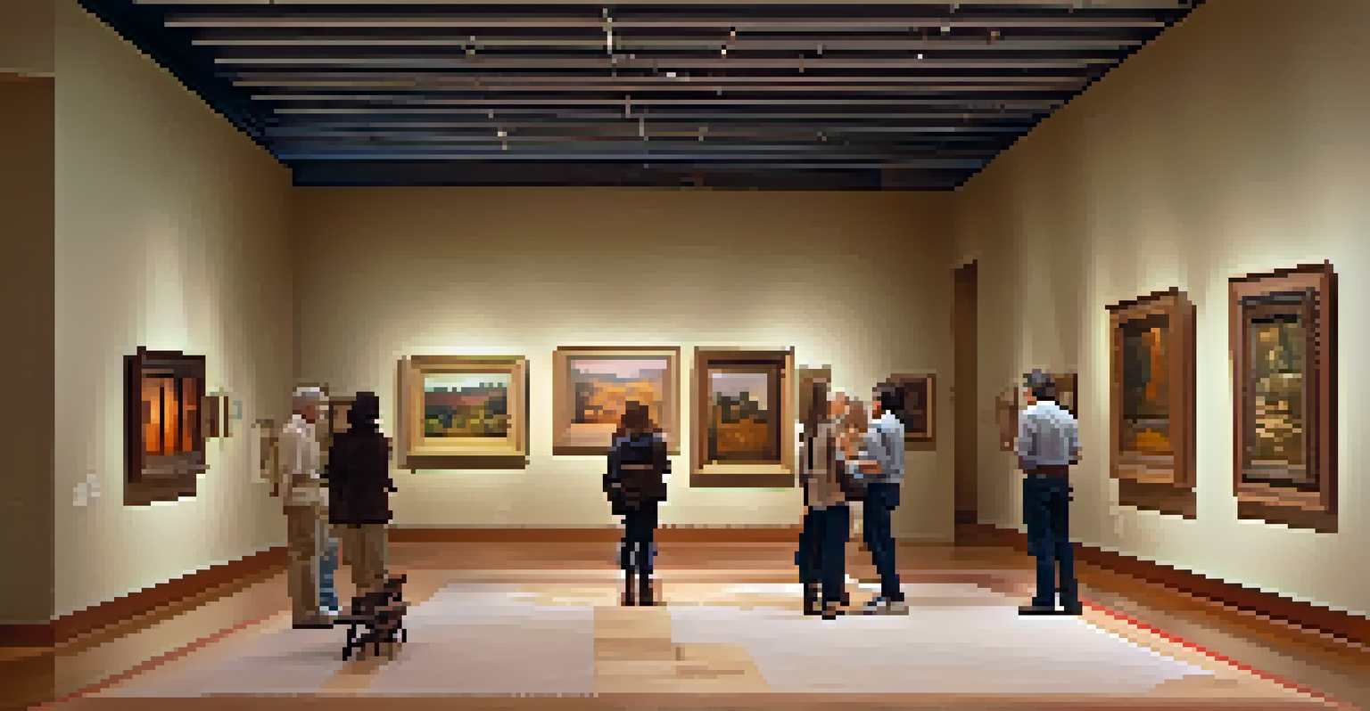 A gallery inside the Tucson Museum of Art with visitors admiring diverse artworks in a warmly lit space.