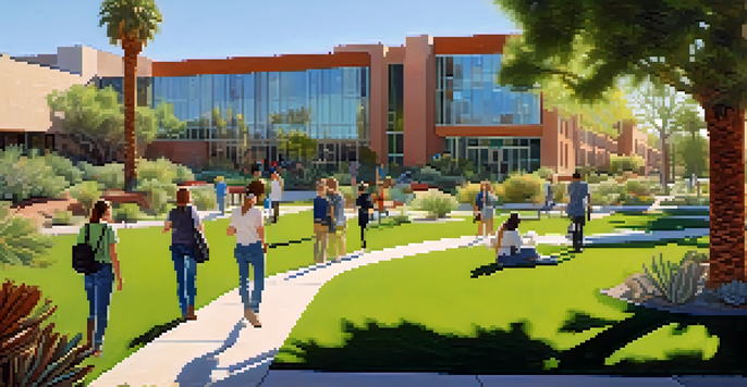 A lively university campus in Tucson with students interacting and enjoying the outdoors, surrounded by modern buildings and cacti under a bright blue sky.