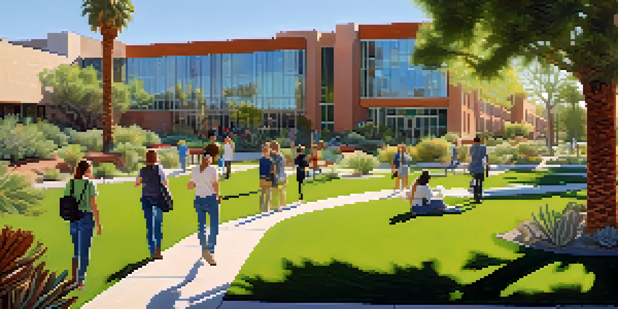 A lively university campus in Tucson with students interacting and enjoying the outdoors, surrounded by modern buildings and cacti under a bright blue sky.