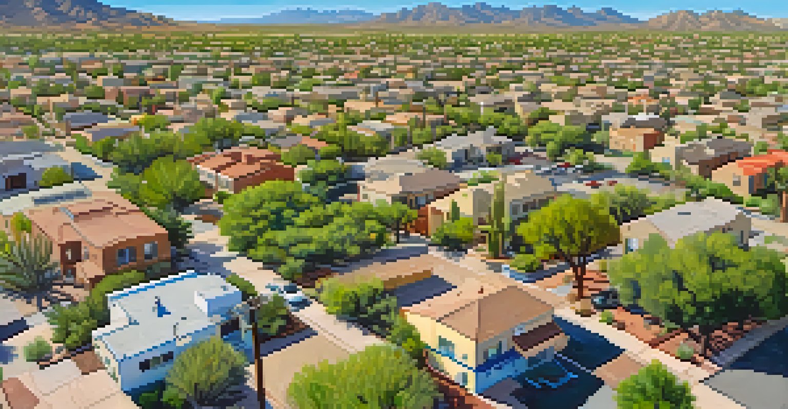 Aerial view of a Tucson neighborhood with homes and gardens, highlighting community resilience and emergency preparedness, under a clear blue sky.