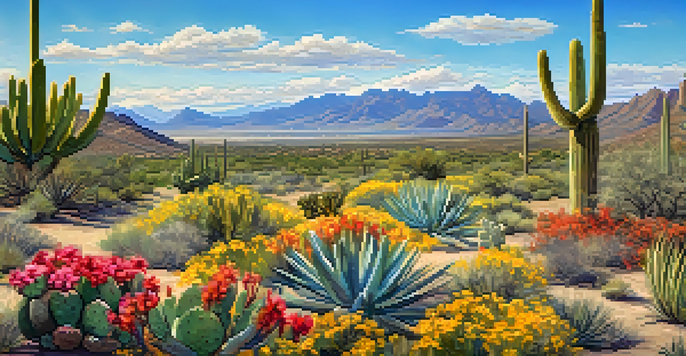 A panoramic view of Tucson's desert landscape in spring, with blooming wildflowers and cacti against a backdrop of rugged mountains and blue sky.