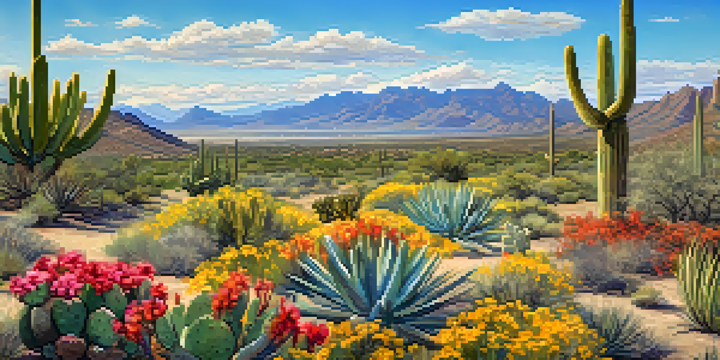 A panoramic view of Tucson's desert landscape in spring, with blooming wildflowers and cacti against a backdrop of rugged mountains and blue sky.