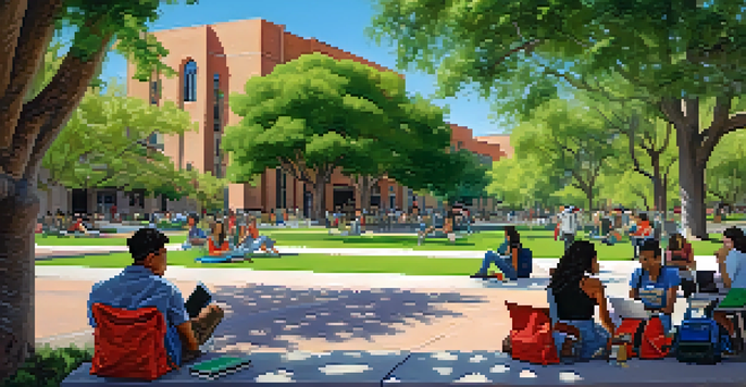 A lively image of students studying under a tree on the University of Arizona campus, with historic buildings and greenery in the background.