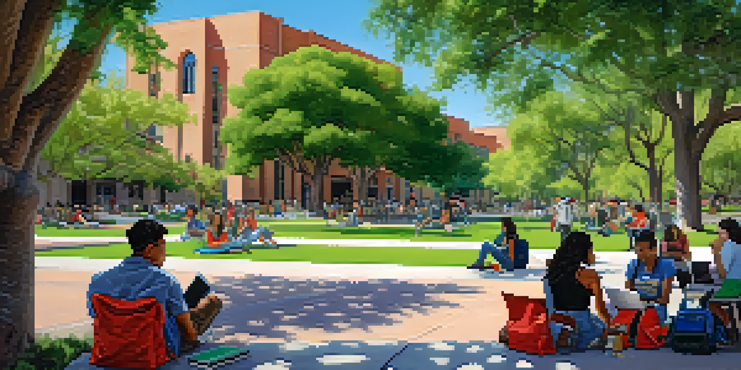 A lively image of students studying under a tree on the University of Arizona campus, with historic buildings and greenery in the background.