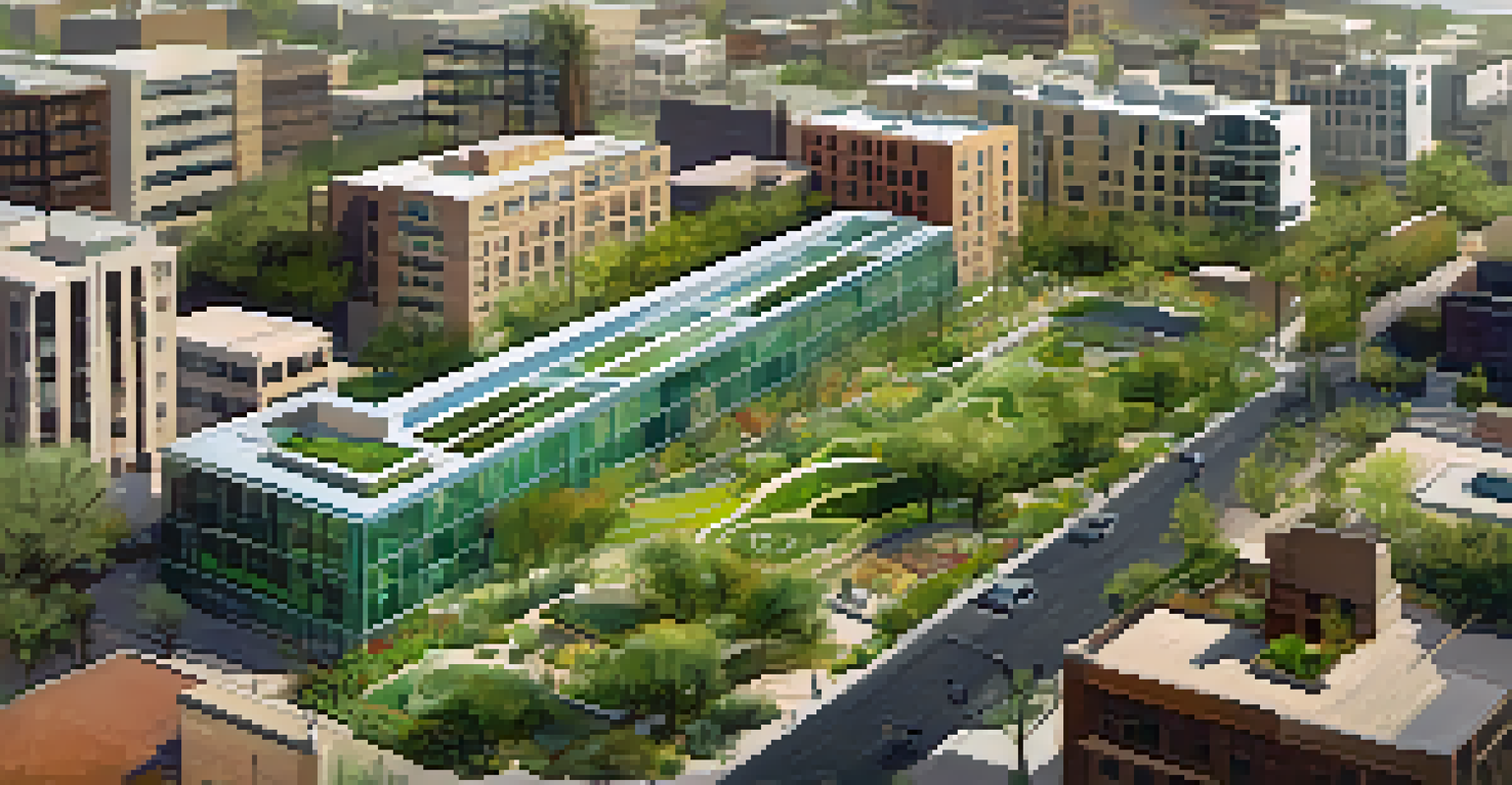 An aerial view of Tucson showcasing green roofs and bioswales in the urban landscape, blending nature with modern architecture.