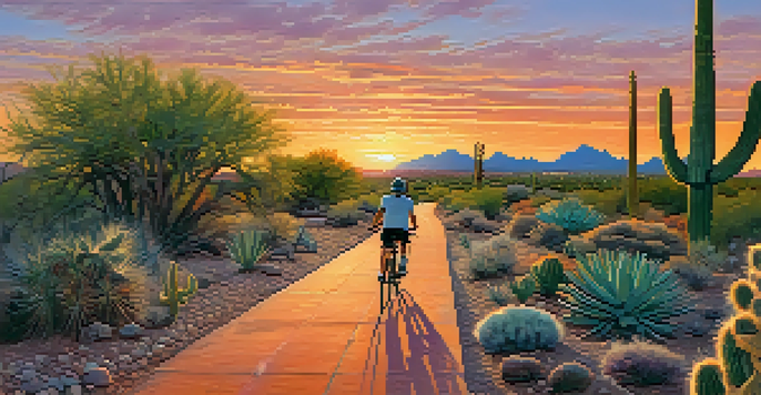 A family riding bikes along a paved trail in Tucson's desert at sunset, with vibrant cacti and colorful skies in the background.