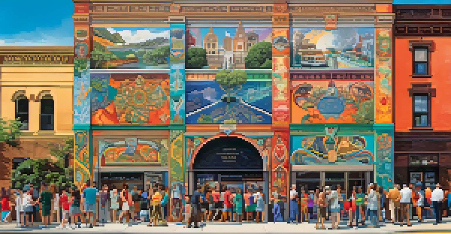 A mural displaying various artistic styles from local artists, full of color and cultural symbols.