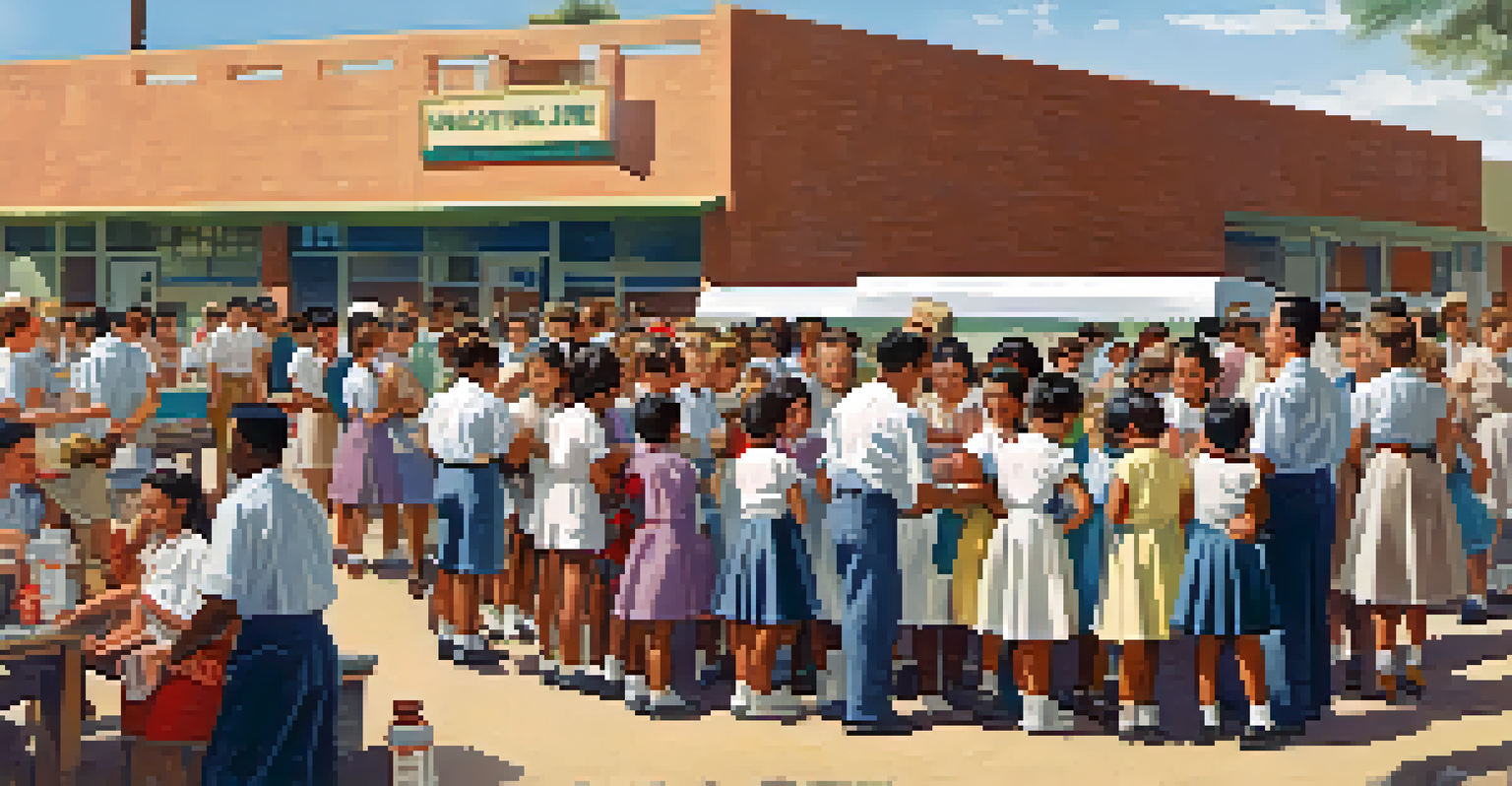 A community vaccination drive in Tucson during the 1950s with children receiving polio vaccinations at a local school.