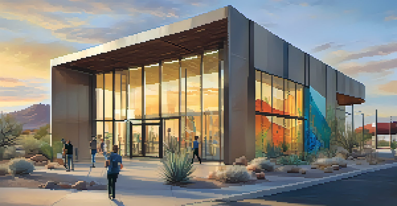A modern innovation hub building in Tucson with glass facades and artistic murals during sunset.