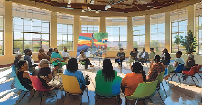 A community workshop in Tucson, with diverse residents discussing environmental issues, surrounded by plants and educational materials.