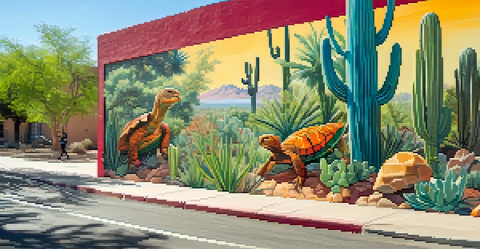 A colorful mural of endangered species in a park, with people discussing wildlife conservation.