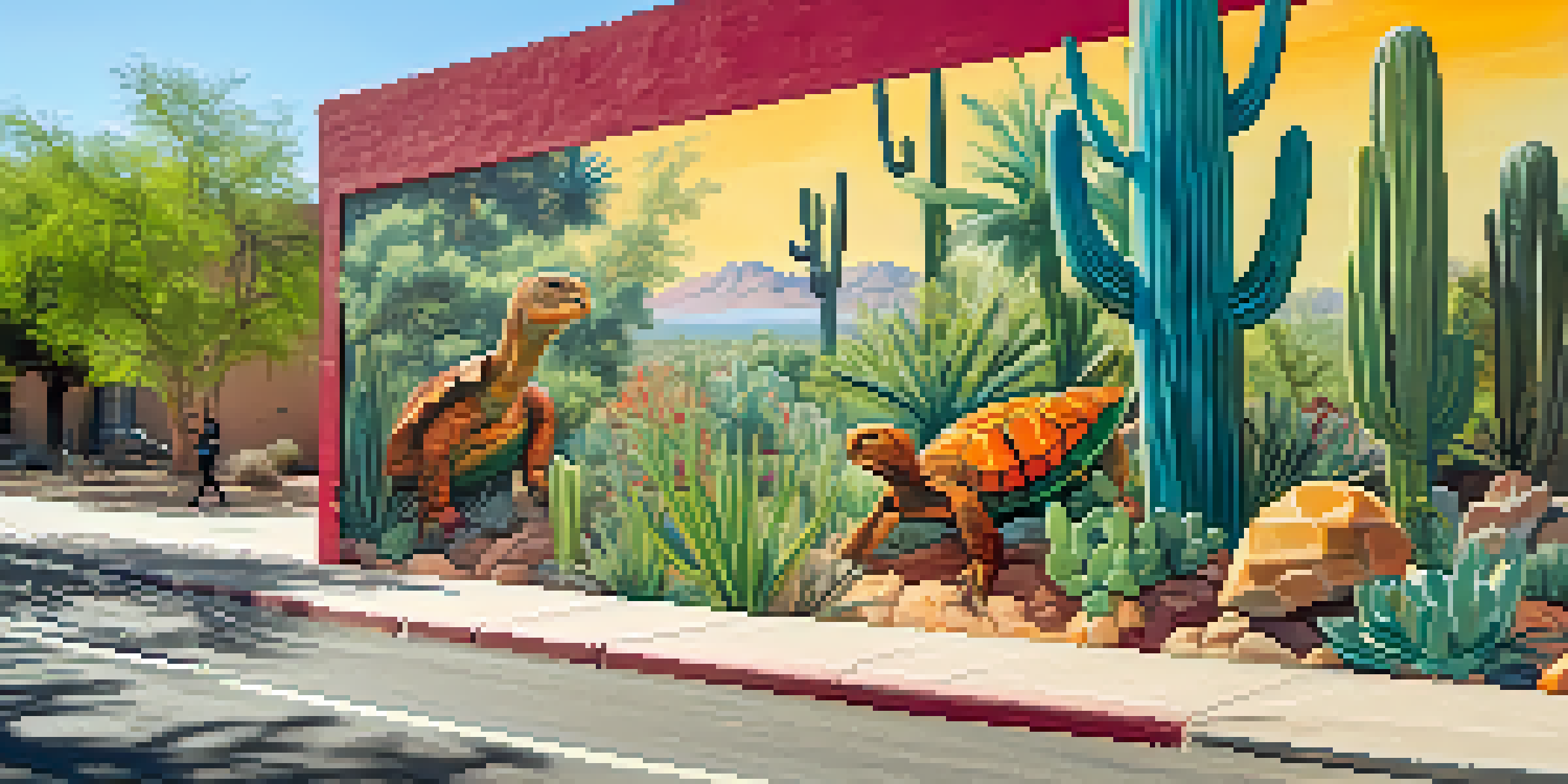 A colorful mural of endangered species in a park, with people discussing wildlife conservation.