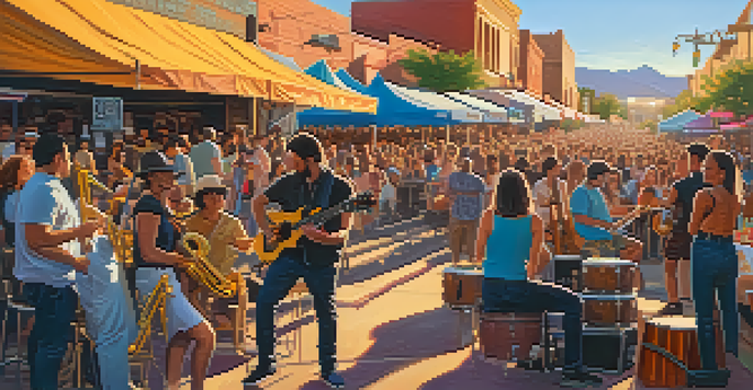 A lively street scene in Tucson with musicians performing at a festival, colorful banners, and a sunset in the background.