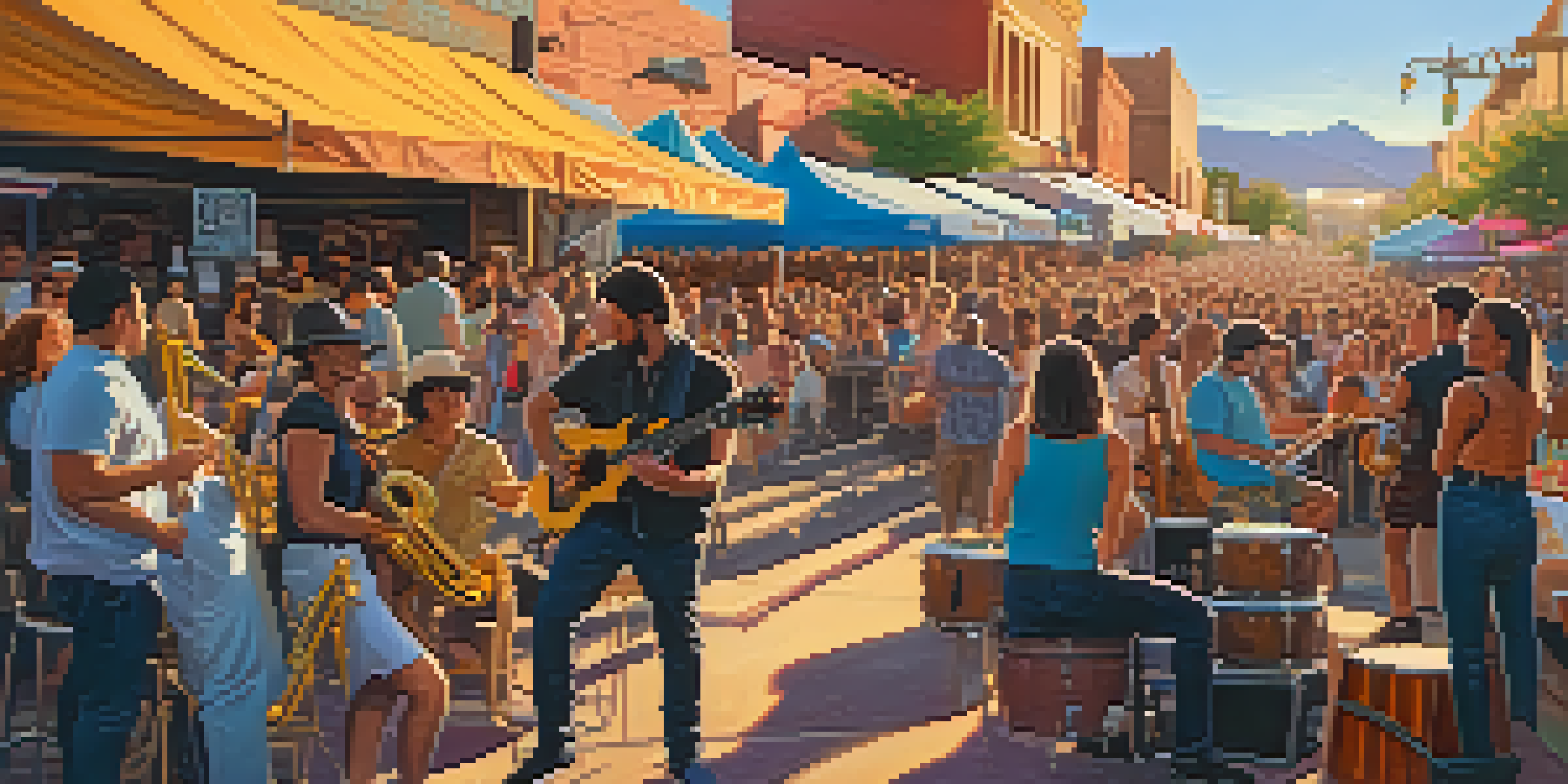 A lively street scene in Tucson with musicians performing at a festival, colorful banners, and a sunset in the background.