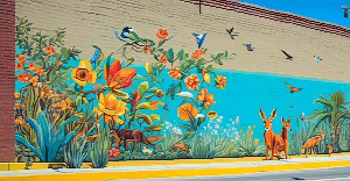 A colorful mural on a brick wall depicting cultural symbols and local wildlife, set in a sunny urban area with people looking at it.
