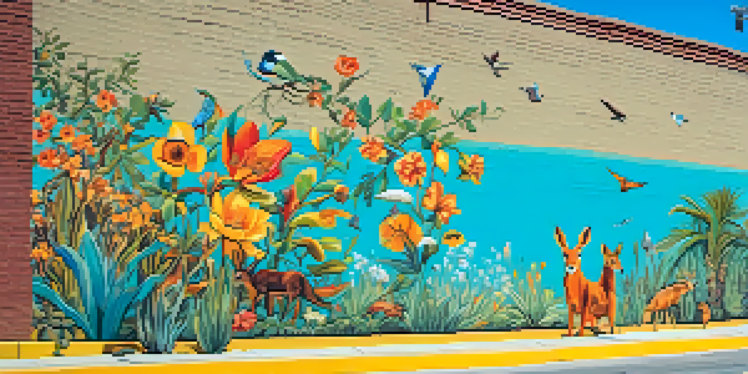 A colorful mural on a brick wall depicting cultural symbols and local wildlife, set in a sunny urban area with people looking at it.
