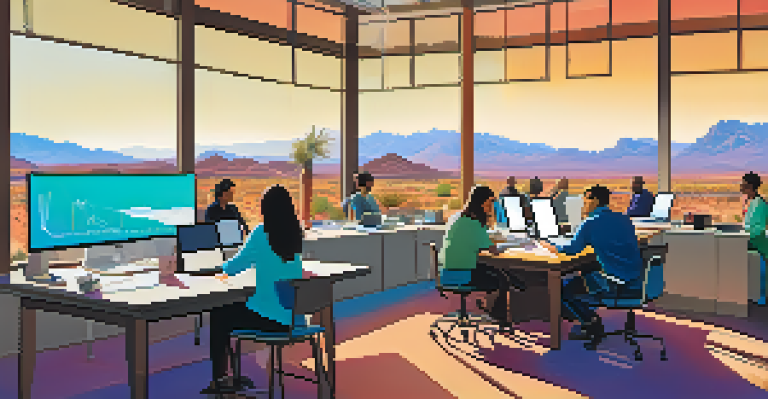Diverse researchers collaborating in a bright workshop, surrounded by medical equipment and charts, with a view of Tucson's desert landscape through a large window.