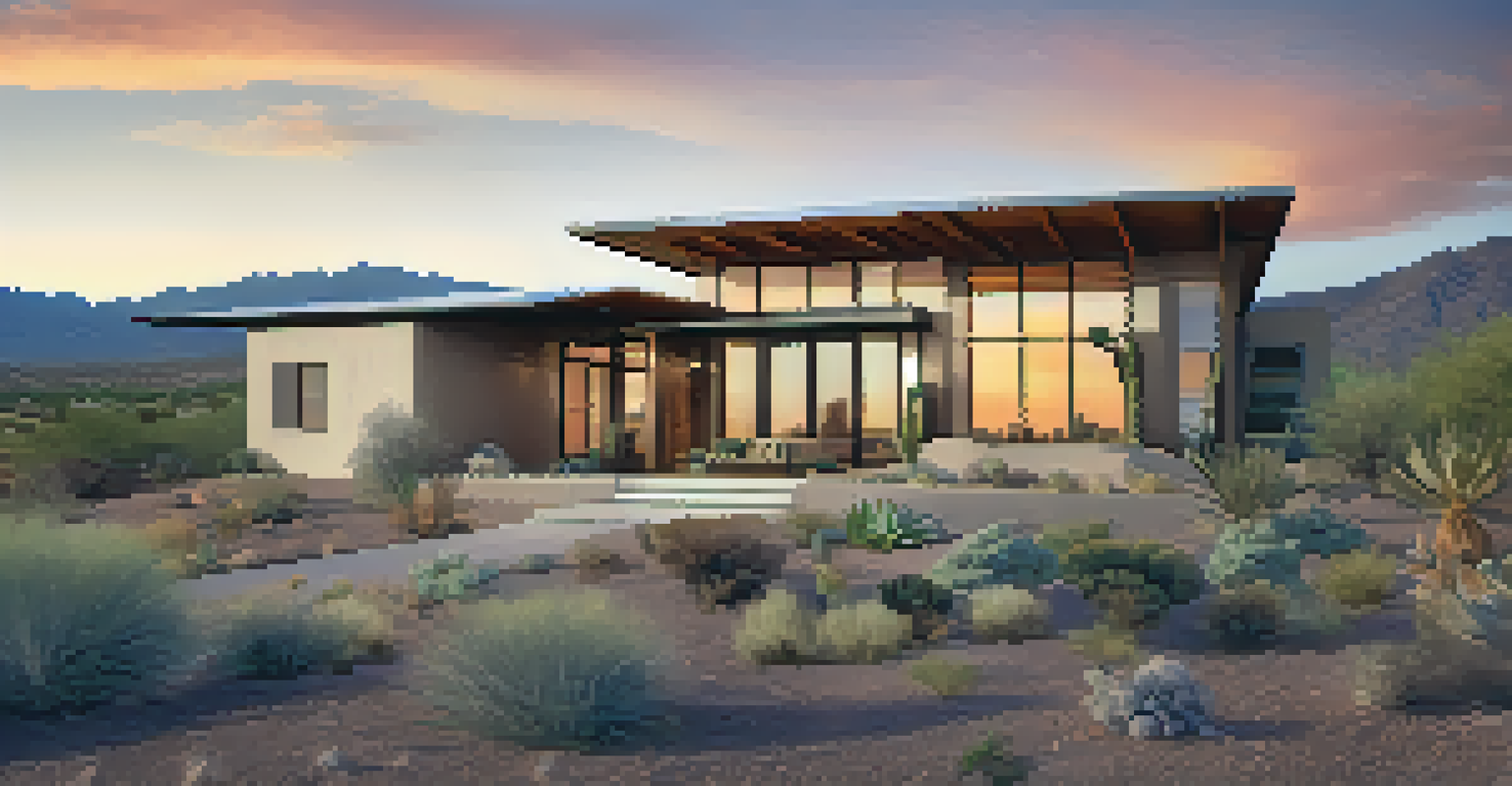 A modern sustainable home in Tucson with solar panels and drought-resistant landscaping at sunset.
