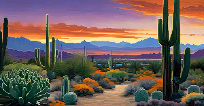 A sunset view of Tucson's desert landscape with Saguaro cacti and a community garden.