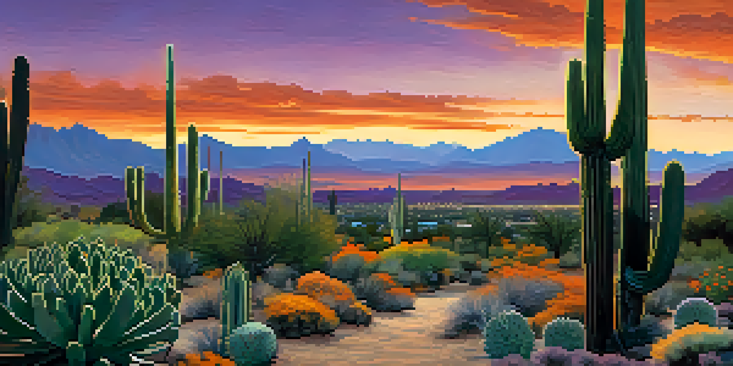 A sunset view of Tucson's desert landscape with Saguaro cacti and a community garden.