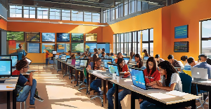 A diverse group of students participating in a tech workshop in a modern classroom, surrounded by computers and bright educational materials.
