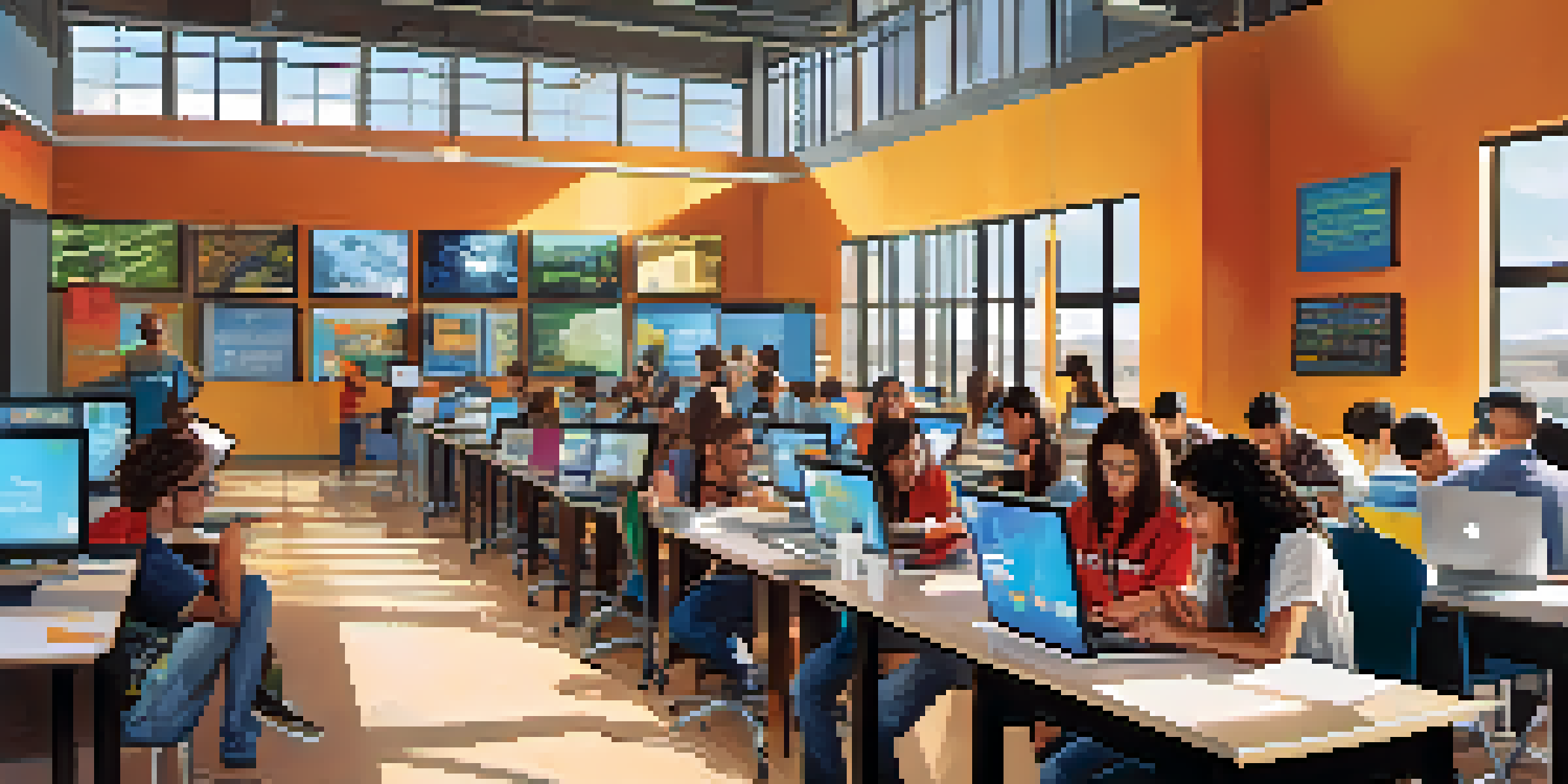 A diverse group of students participating in a tech workshop in a modern classroom, surrounded by computers and bright educational materials.