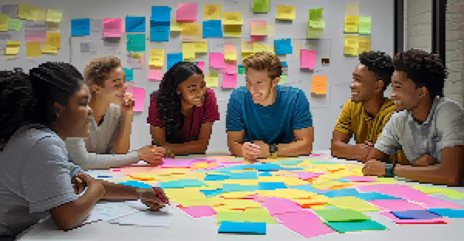 A diverse group of young people brainstorming ideas at a table covered with sticky notes, showcasing collaboration.