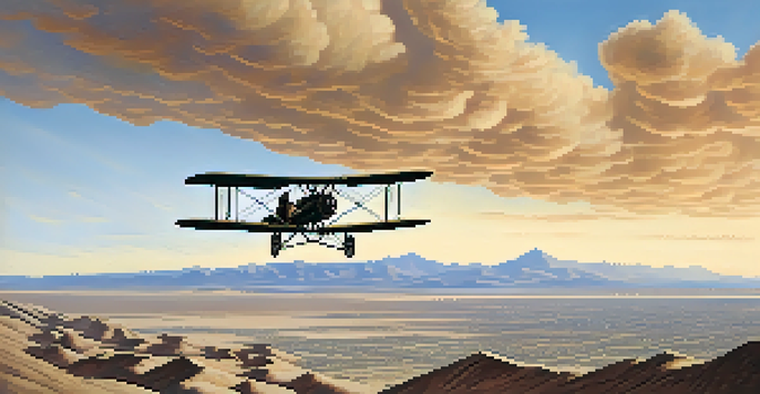 A vintage biplane flying over Tucson in 1911 with a clear blue sky and the silhouette of the city in the background.