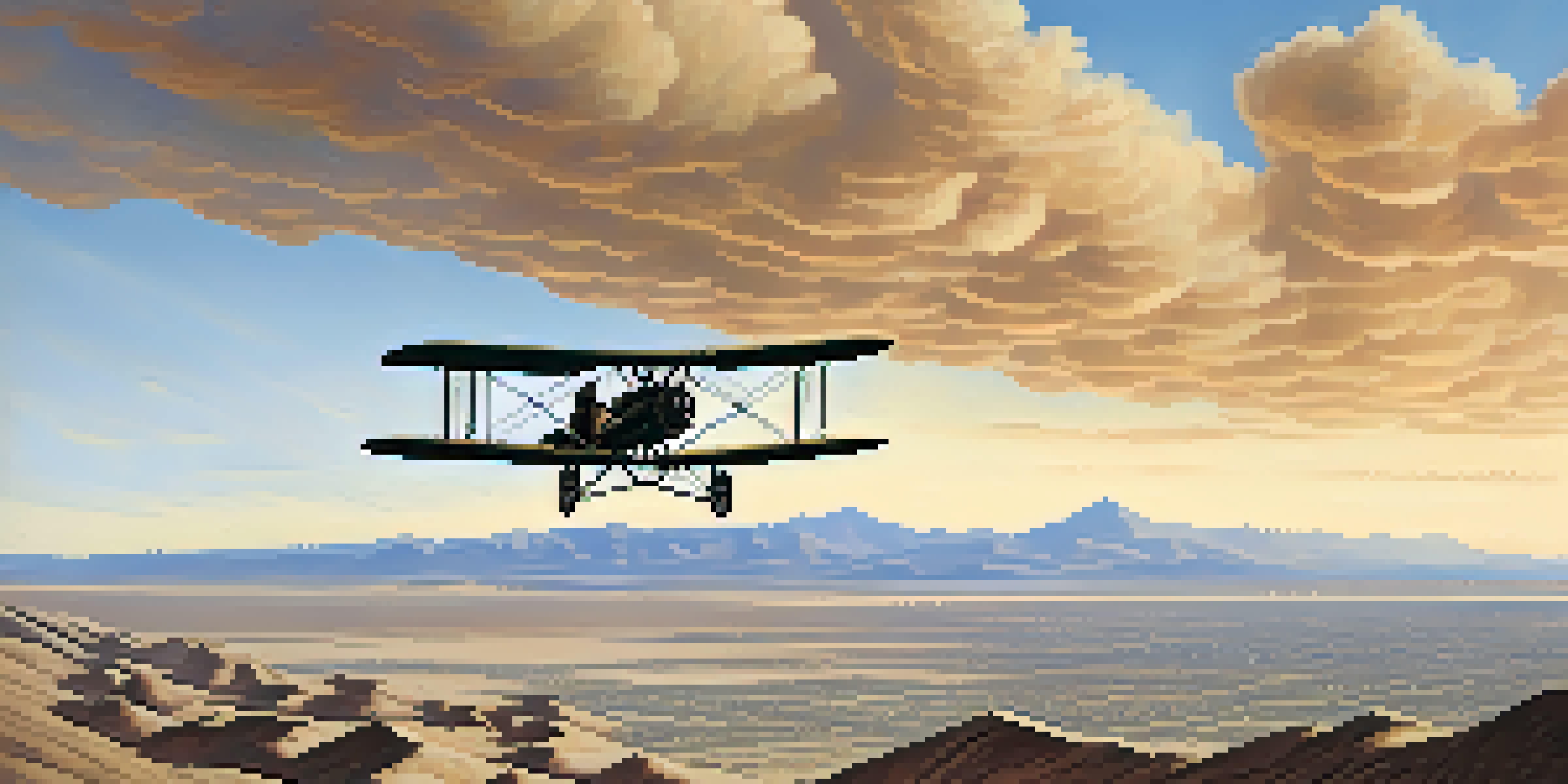 A vintage biplane flying over Tucson in 1911 with a clear blue sky and the silhouette of the city in the background.