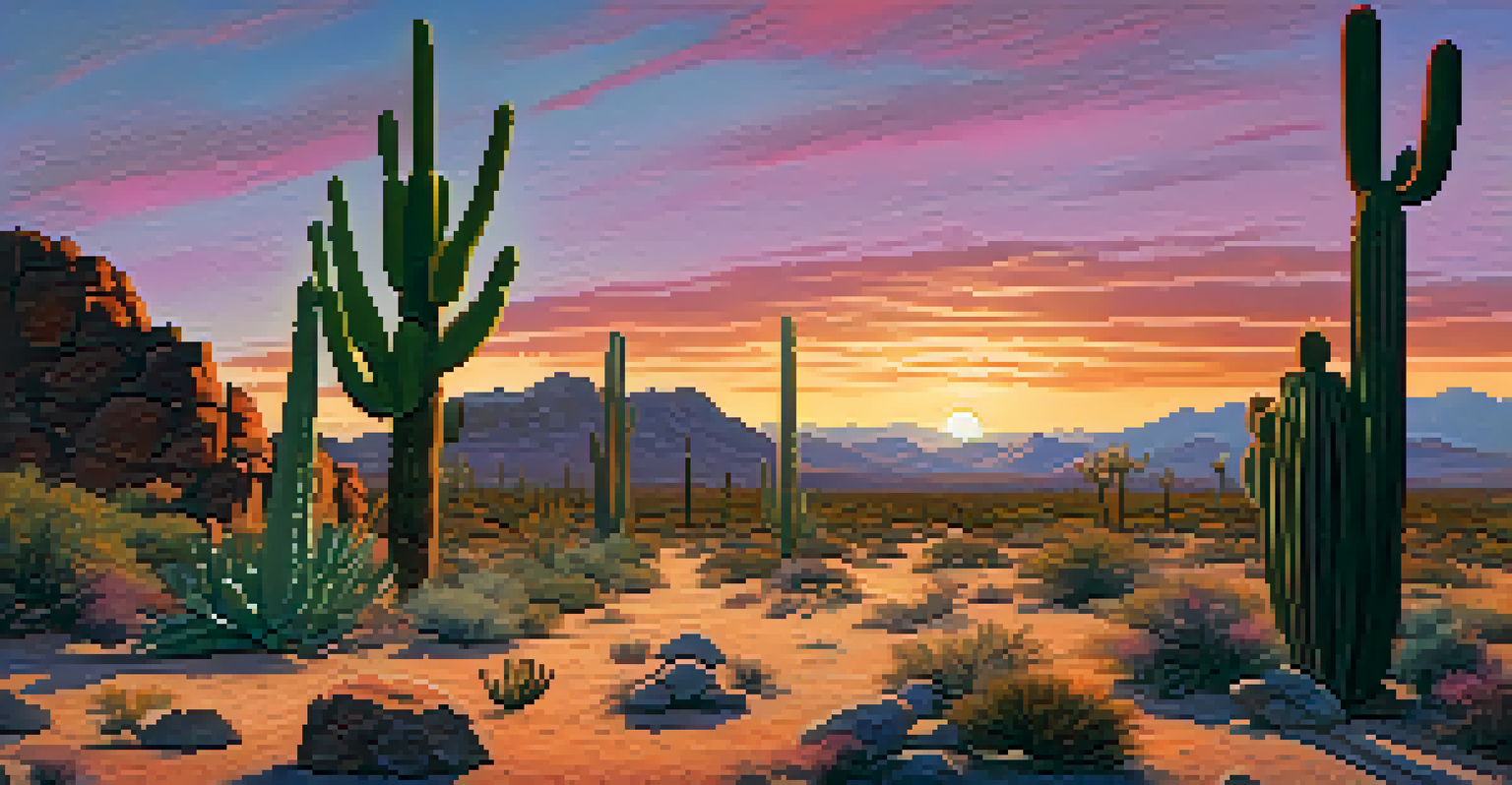 A desert landscape at dawn with silhouetted cacti against a colorful sky of oranges, pinks, and purples.