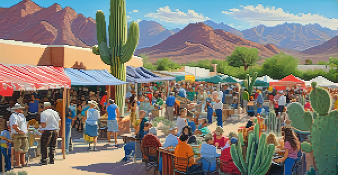 A lively outdoor food festival in Tucson with colorful stalls and chefs cooking, surrounded by families and the desert landscape.