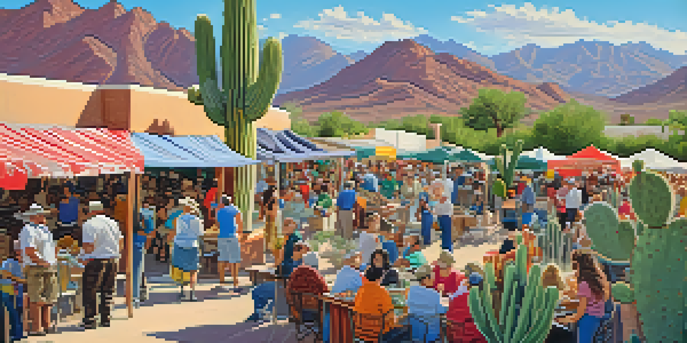 A lively outdoor food festival in Tucson with colorful stalls and chefs cooking, surrounded by families and the desert landscape.