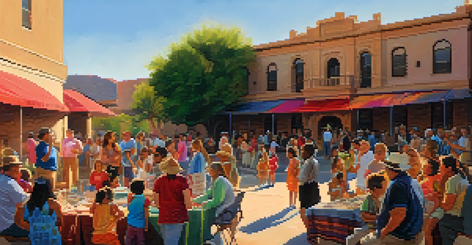 A lively community event at Tucson's Historical Society with families and children engaging in historical exhibits, bright banners, and the historic building in the background.