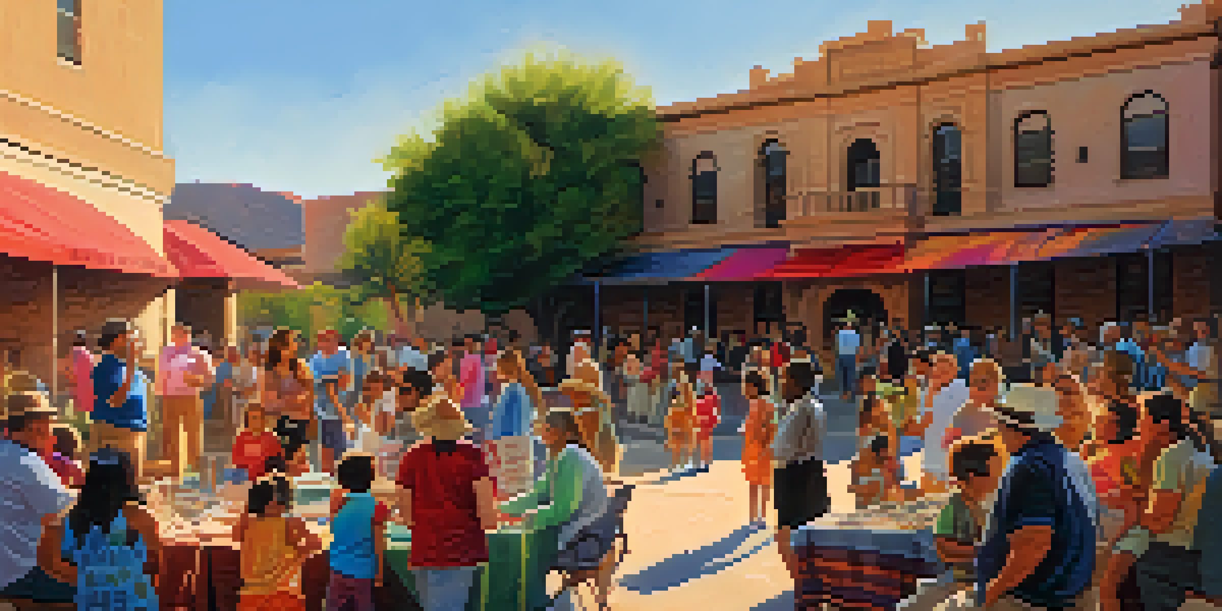 A lively community event at Tucson's Historical Society with families and children engaging in historical exhibits, bright banners, and the historic building in the background.