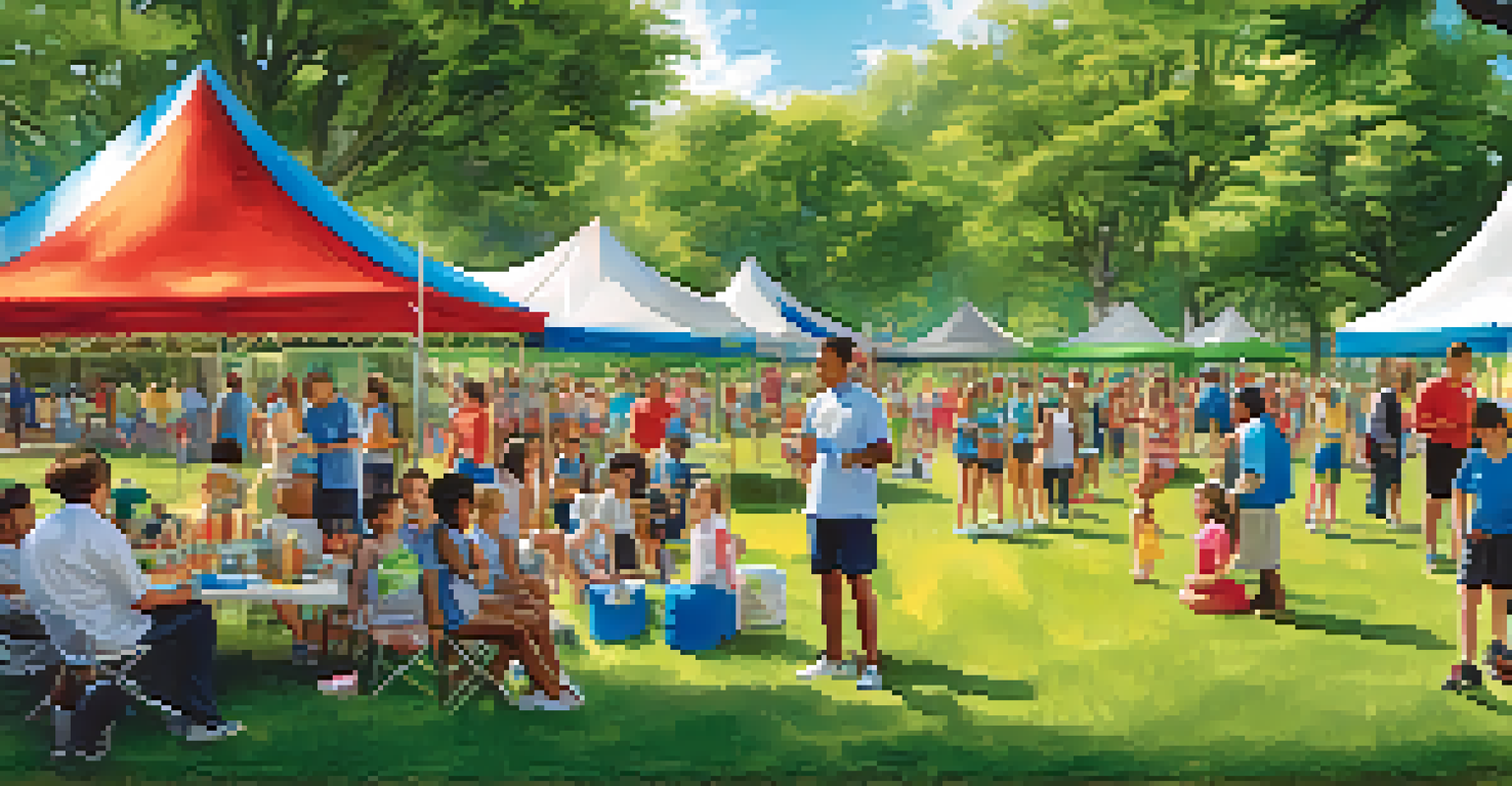 A community wellness event in a park with families participating in health activities.