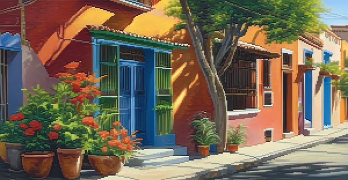 A vibrant street scene in Barrio Historico, featuring colorful adobe homes and local artists, with sunlight casting a warm glow.