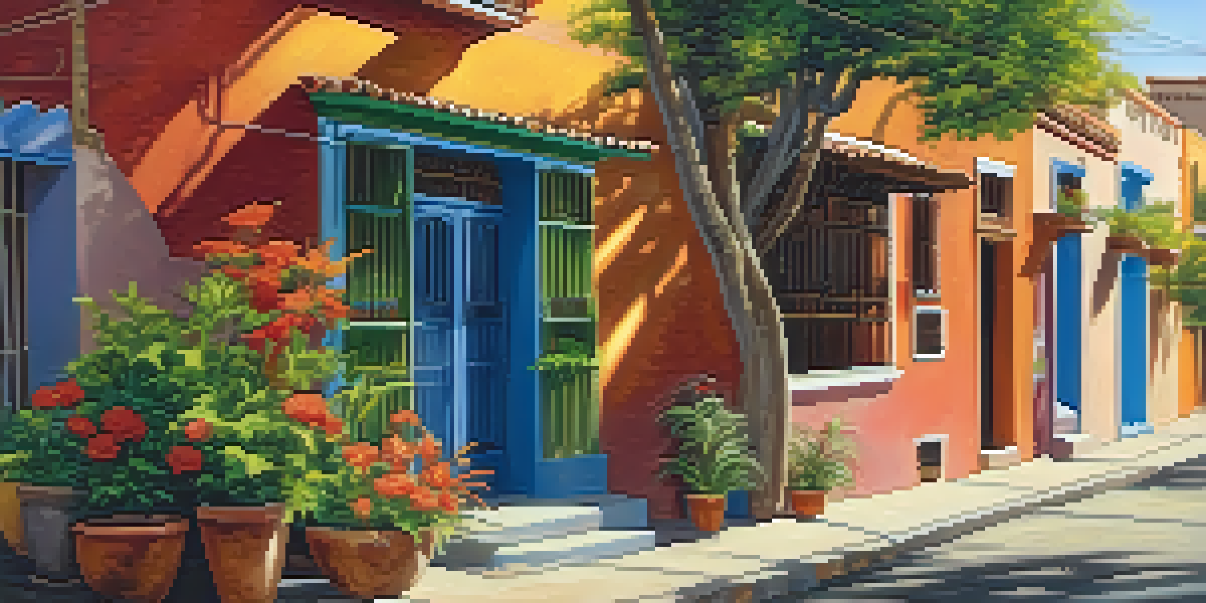 A vibrant street scene in Barrio Historico, featuring colorful adobe homes and local artists, with sunlight casting a warm glow.