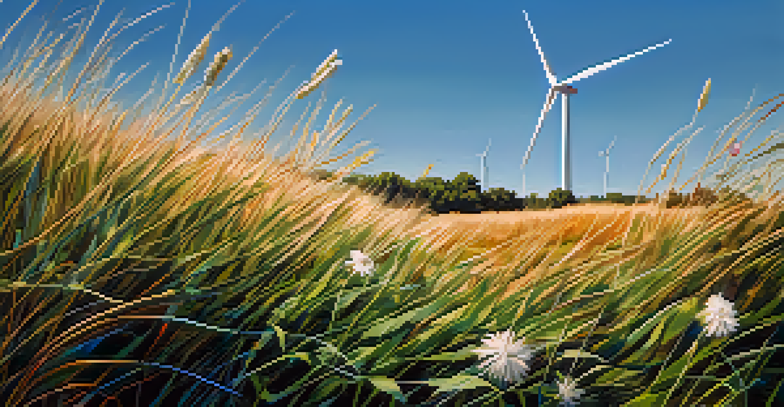 A close-up of a rotating wind turbine surrounded by wildflowers.