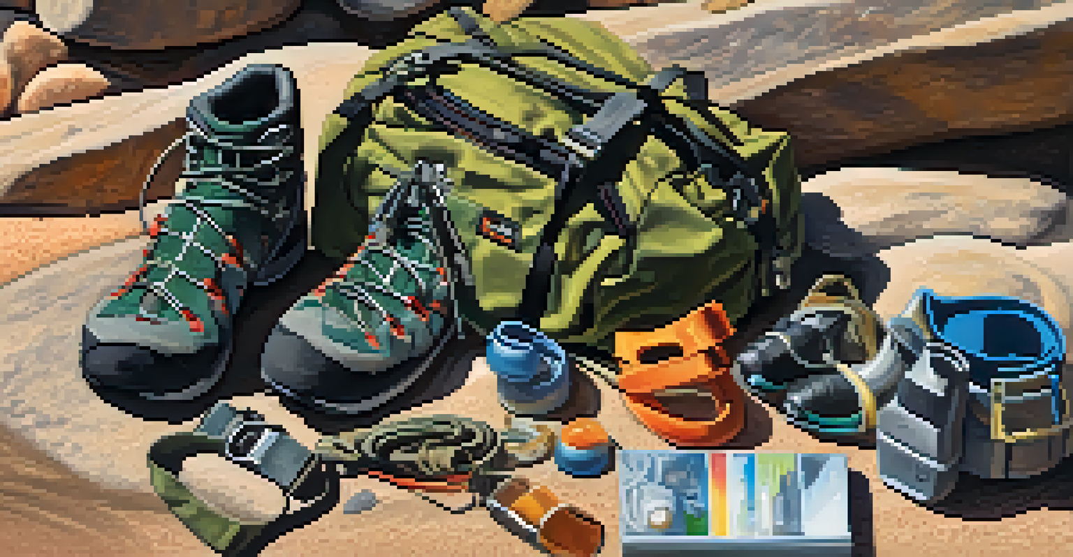 A close-up of climbing gear including shoes, harness, chalk bag, and helmet on a rocky surface with blurred climbing routes in the background.