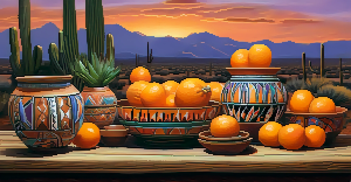 A rustic wooden table displaying colorful Tucson pottery with intricate Native American designs, set against a soft-focus desert sunset.