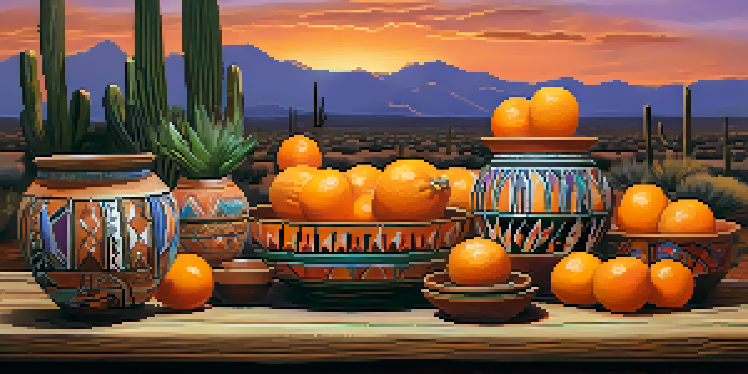 A rustic wooden table displaying colorful Tucson pottery with intricate Native American designs, set against a soft-focus desert sunset.