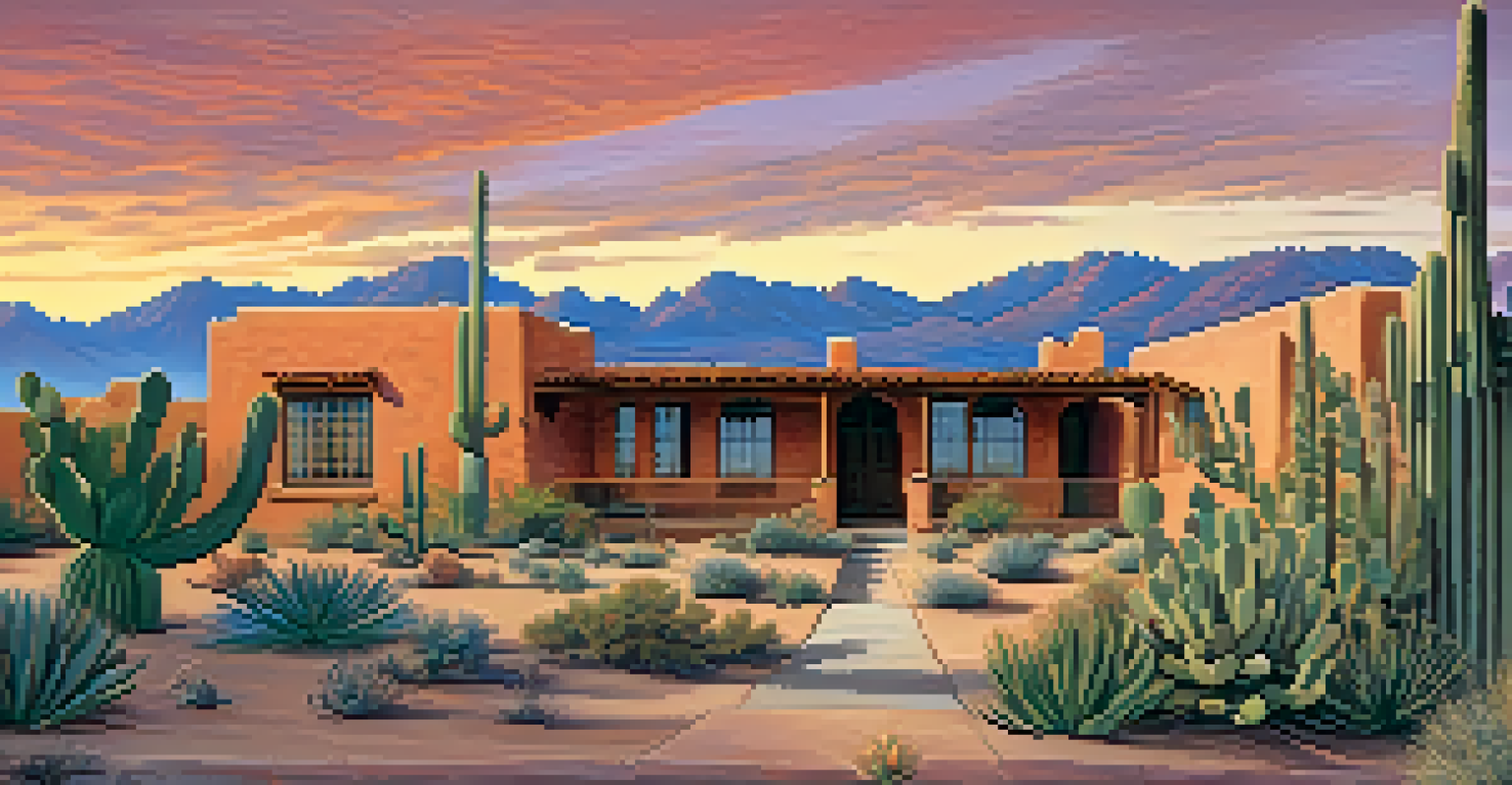 A scenic view of a historic Tucson neighborhood with adobe-style homes and a vibrant sunset, featuring cacti and desert plants in the foreground.