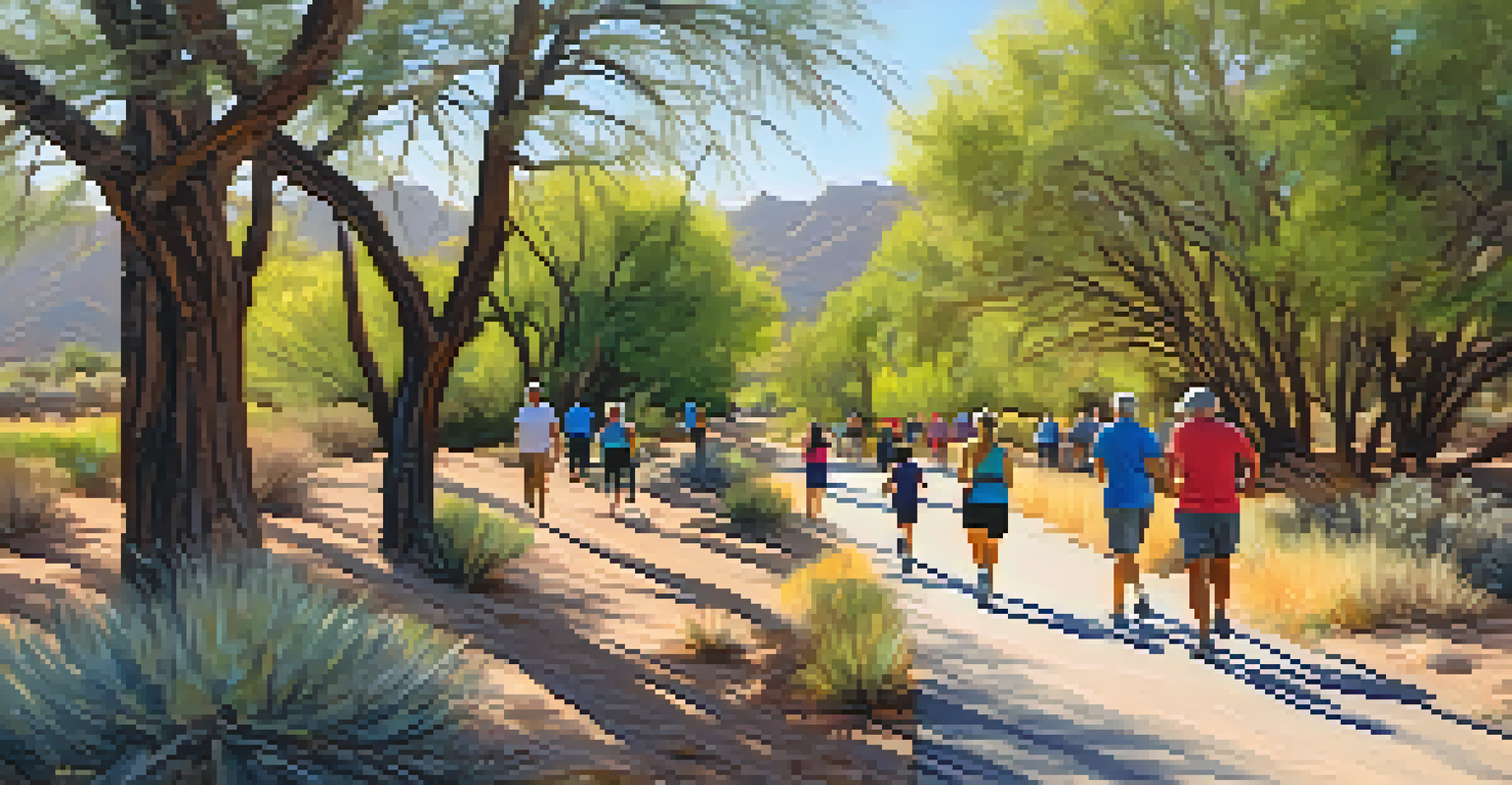 A diverse group of people walking and jogging on a paved trail in Tucson, surrounded by native plants and shaded benches.