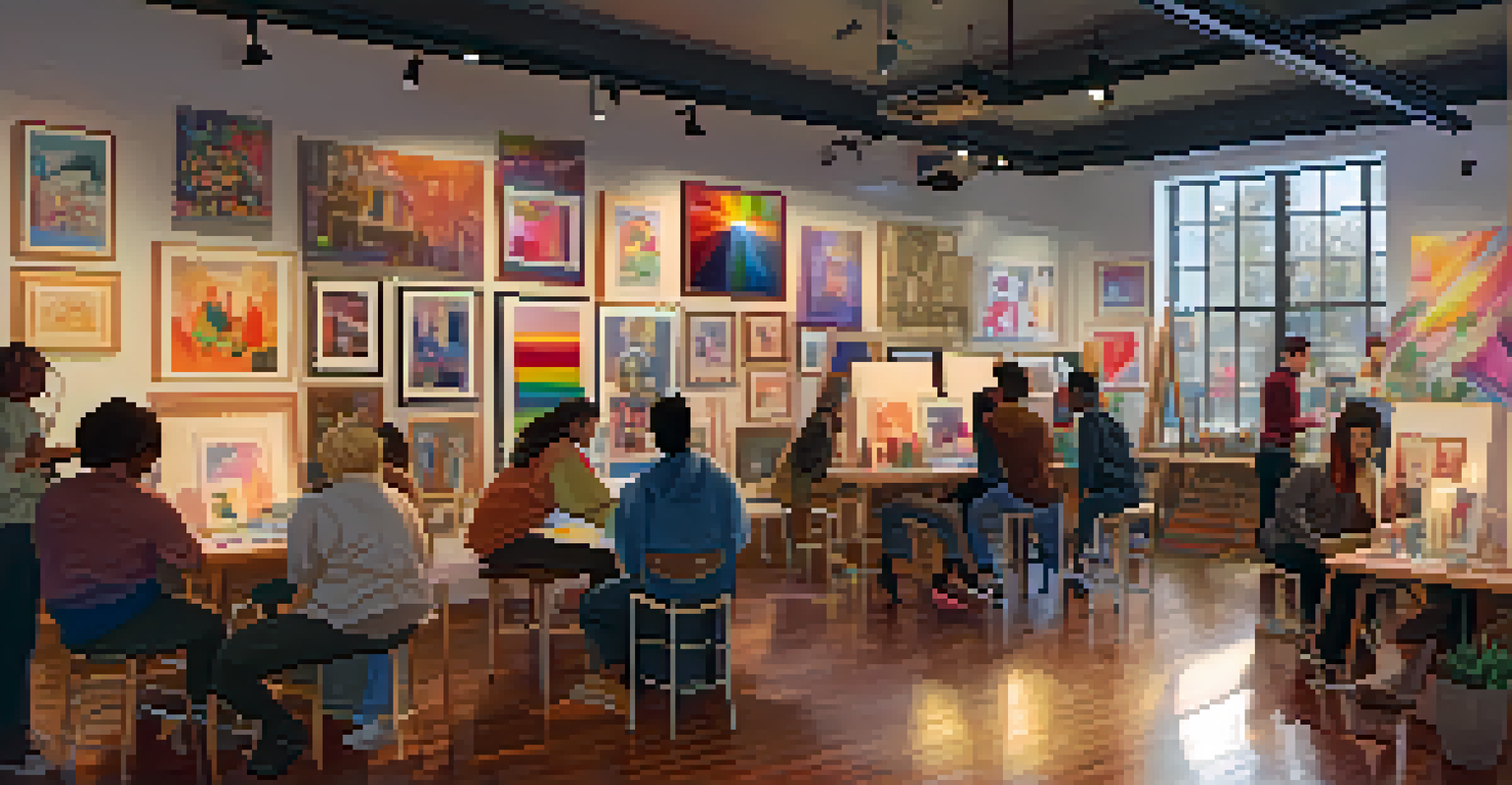 An interior of a community center displaying LGBTQ+ art, with artists collaborating in a warm, inviting space.
