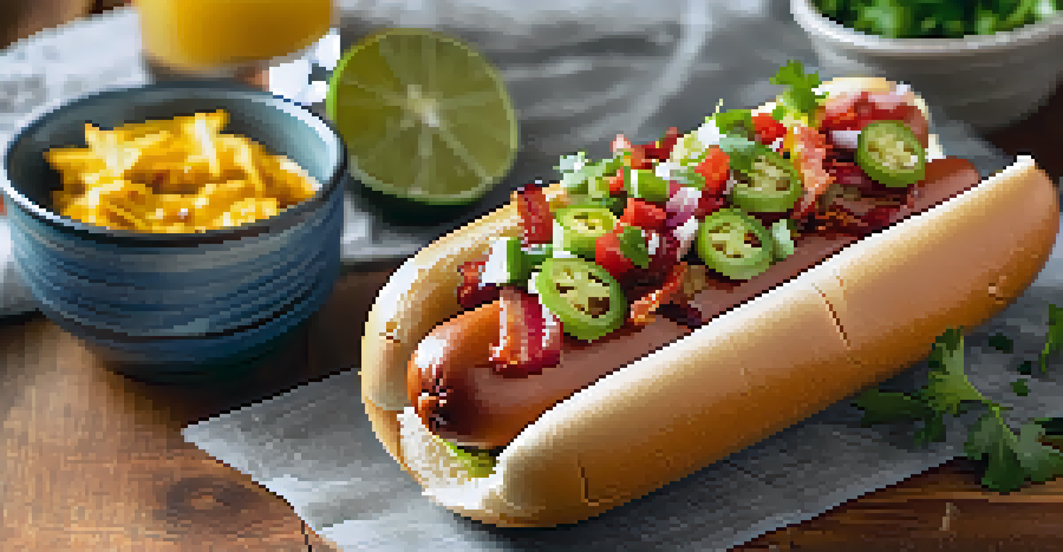 A delicious Sonoran-style hot dog wrapped in bacon with colorful toppings, served on a rustic wooden table with fresh cilantro and lime.