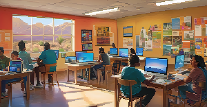 A community center in Tucson with residents participating in a digital literacy workshop, surrounded by computers and colorful materials.