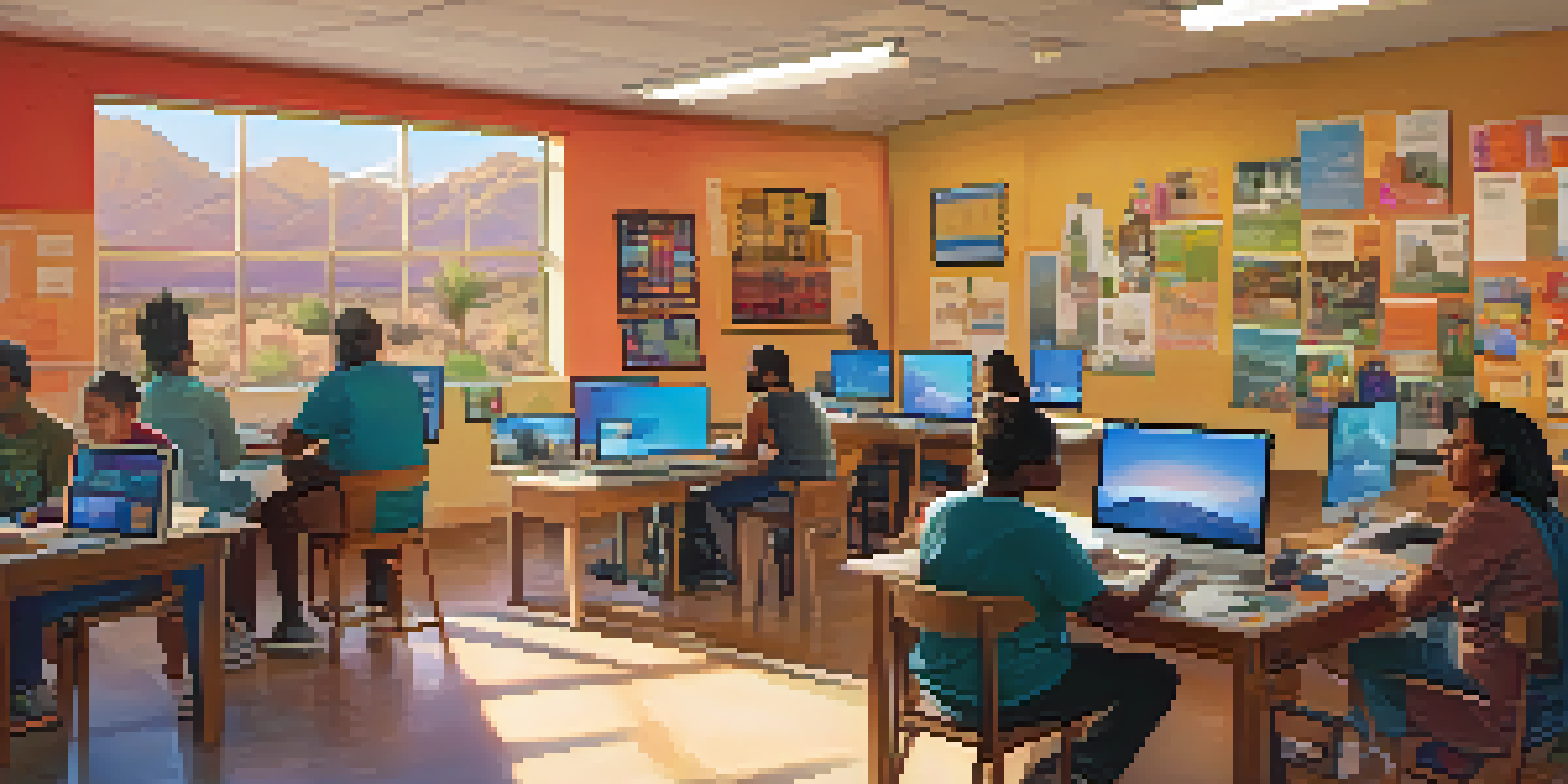 A community center in Tucson with residents participating in a digital literacy workshop, surrounded by computers and colorful materials.