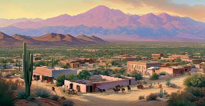 A historical panorama of Tucson during the mid-19th century, featuring adobe buildings and residents from different cultures engaging in daily life against a sunset backdrop.