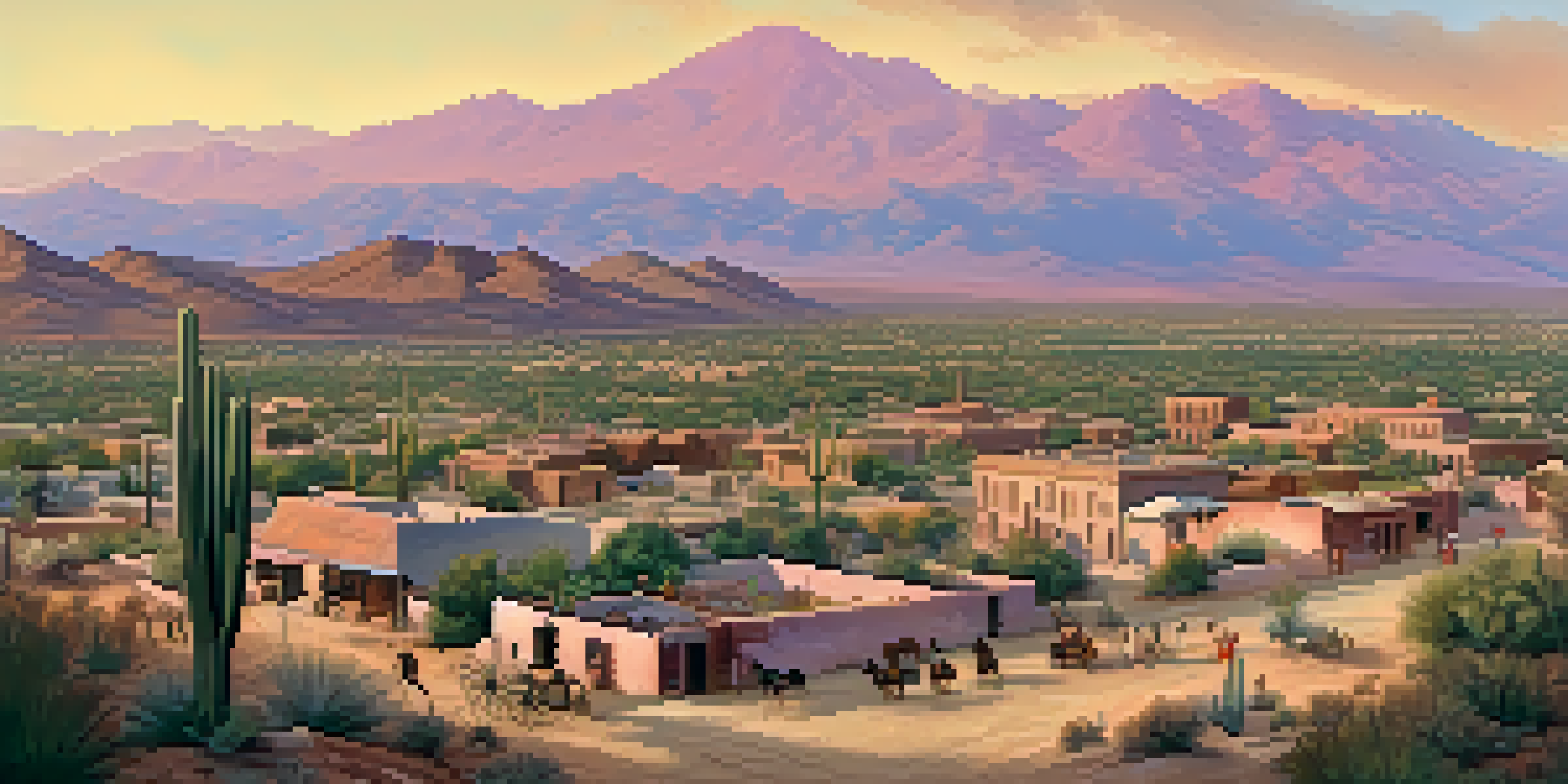 A historical panorama of Tucson during the mid-19th century, featuring adobe buildings and residents from different cultures engaging in daily life against a sunset backdrop.