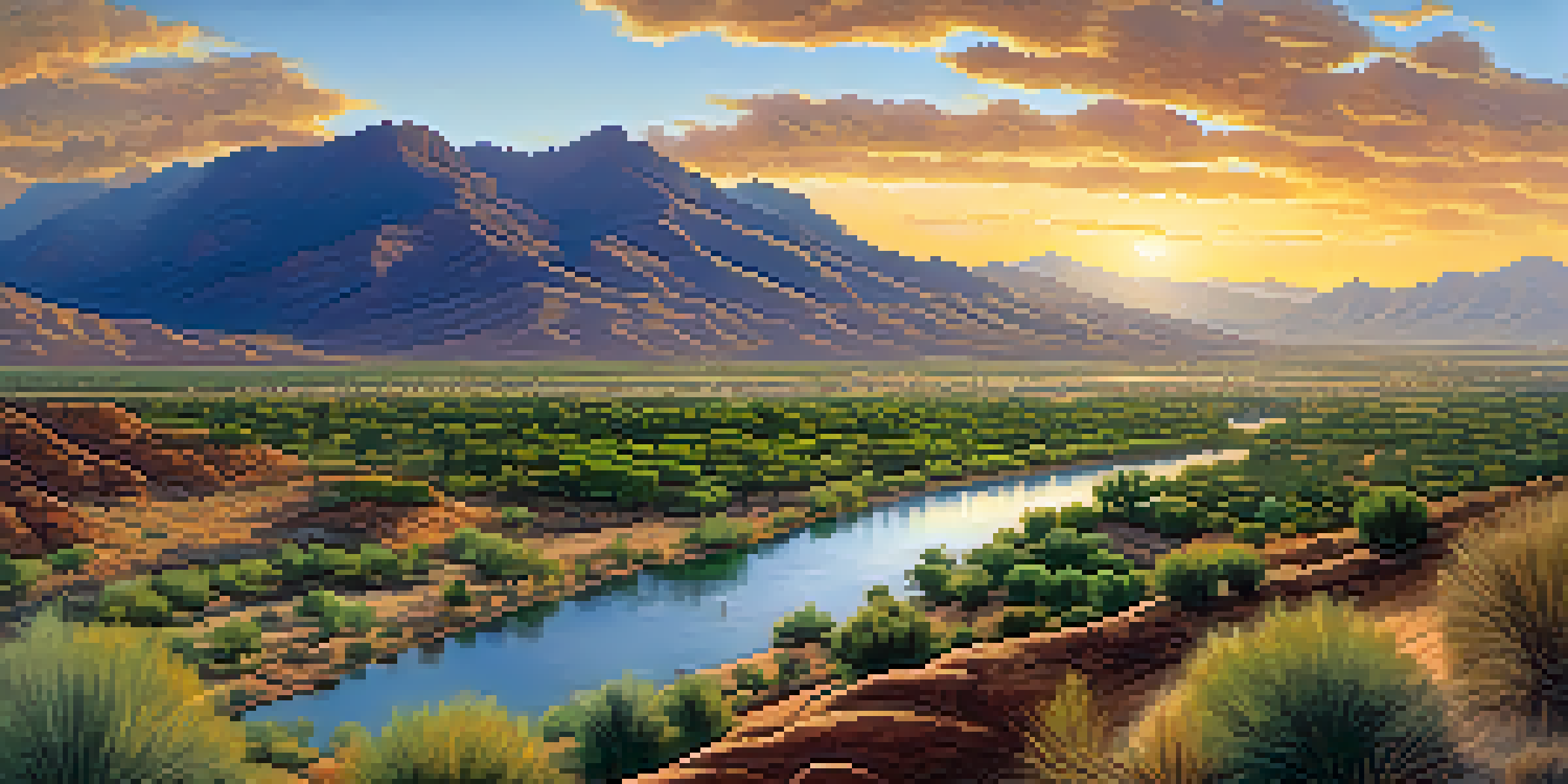A panoramic view of Tucson with the Santa Cruz River, featuring Native American traders along the riverbanks surrounded by pottery and textiles.